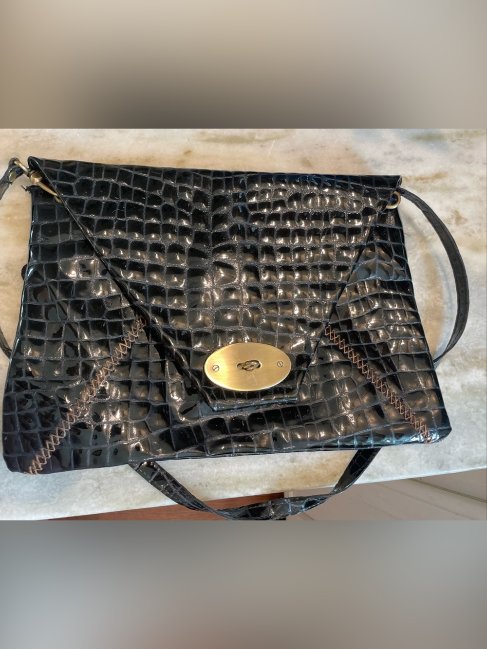 Carla Mancini Black Patent Leather Crocodile Embossed Envelope Shoulder Purse
